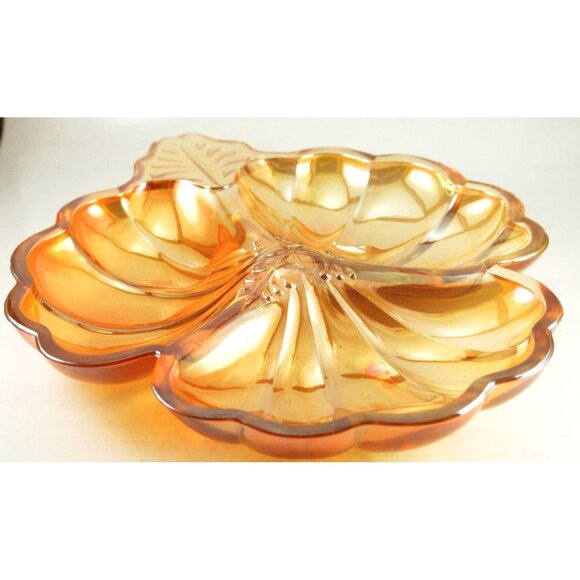 Vintage Orange Carnival Glass 3-Section Candy Dish Relish Tray 7" Iridescent - Picture 1 of 6